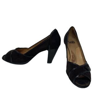 SOFT brown leather suede heels crossed peep toes shoes size 8.5